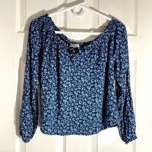 Hollister Blue Black Floral Bardot Off Shoulder Long Sleeve Top Size Large